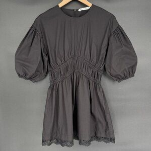 Zara Women's Boho Puff Sleeve Mini Dress XS Black Lace Hem Bohemian Party LBD